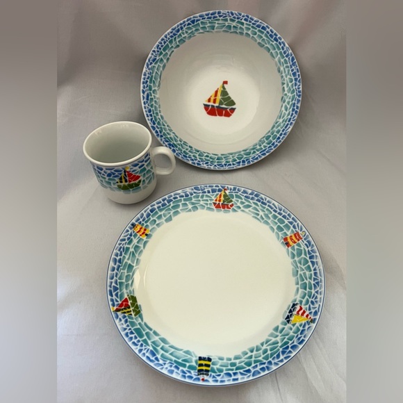 Child Sailboat Lighthouse Dinnerware Set Plate Bowl Mug Blue Nautical Mosaic Rim - Picture 11 of 14